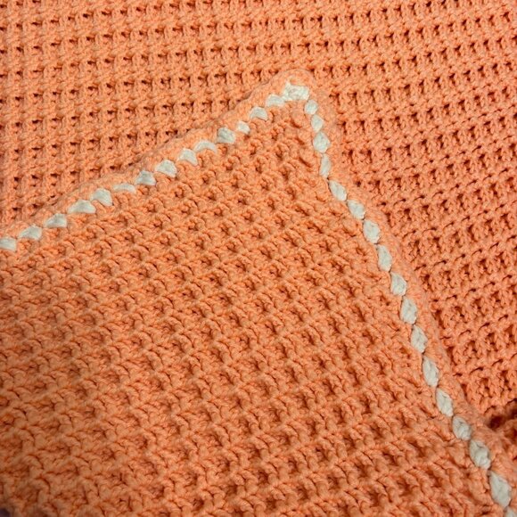 Handmade Peach Crochet Baby Blanket Throw 50 x 34 White Trim - Picture 2 of 4